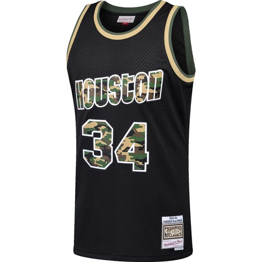 34-Hakeem Olajuwon Houston Rockets Straight Fire Camo Swingman Jersey – Black