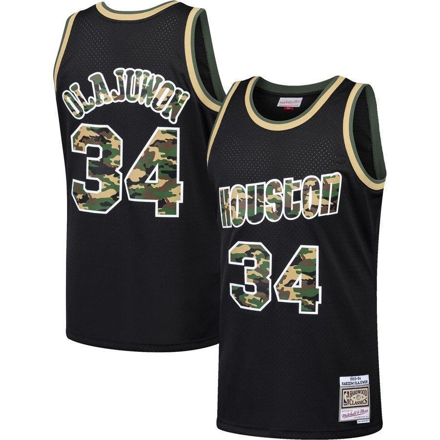 34-Hakeem Olajuwon Houston Rockets Straight Fire Camo Swingman Jersey – Black