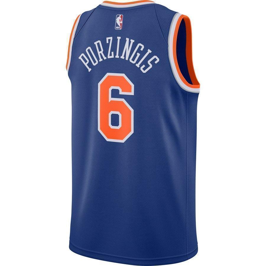 6-Kristaps Porzingis New York Knicks Swingman Sponsor Patch Jersey Royal - Icon Edition